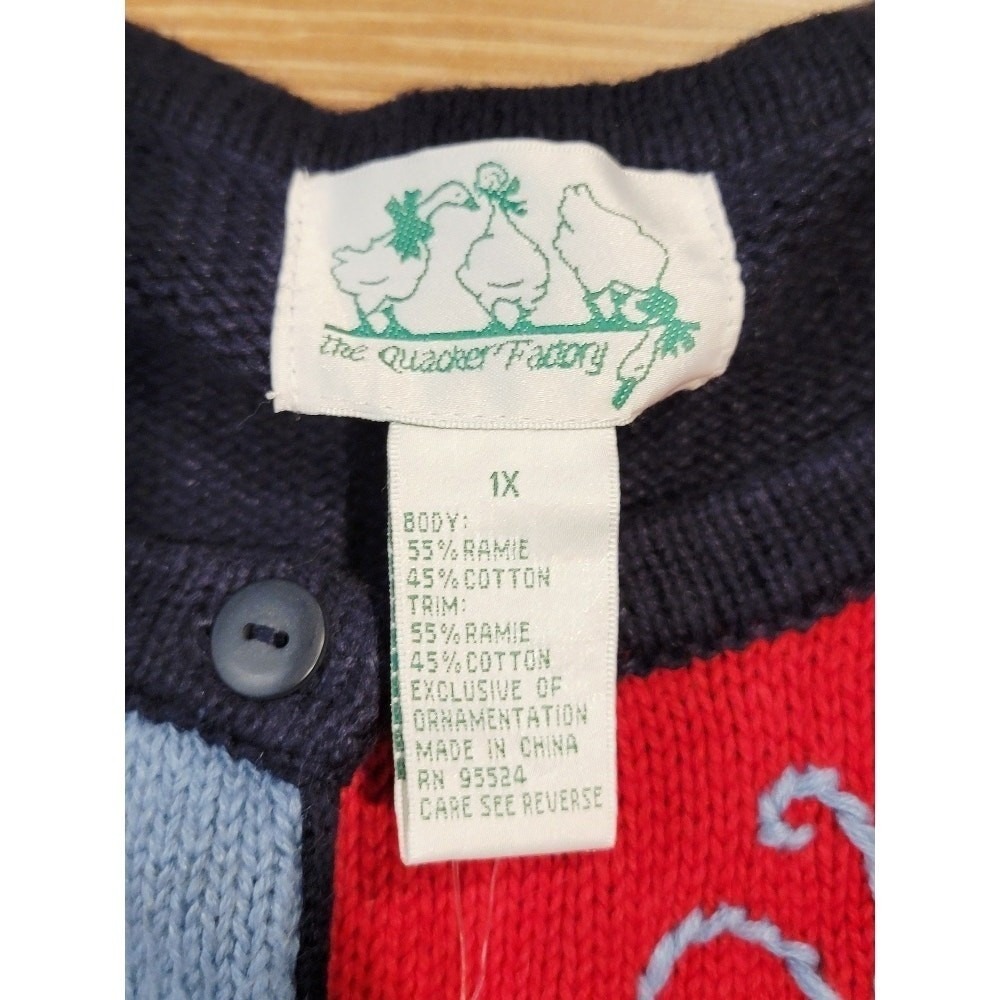 Vintage 90's USA Travel Sweater, Novelty Cardigan, 1X Blue Red Quacker Factory - Picture 8 of 11